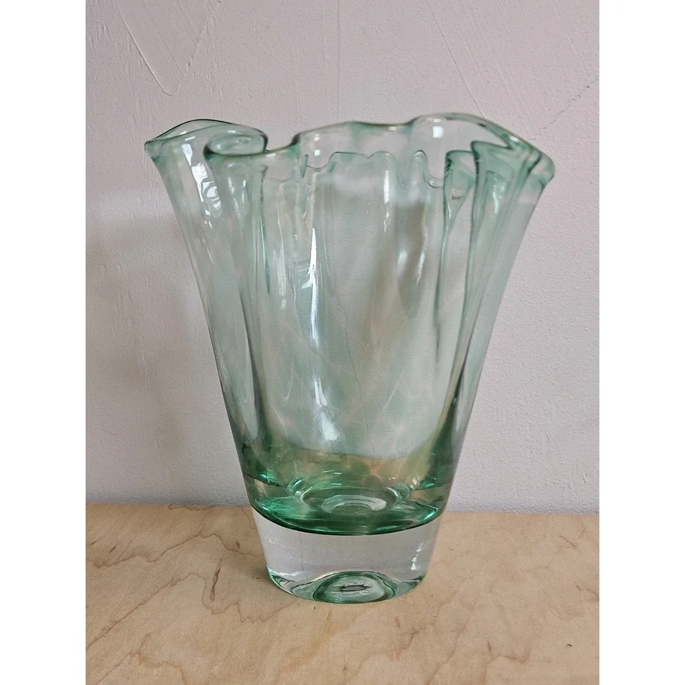 Hand Blown Art Glass Vase Clear Green Striped Ruffled Rim 7 Inch Decorative